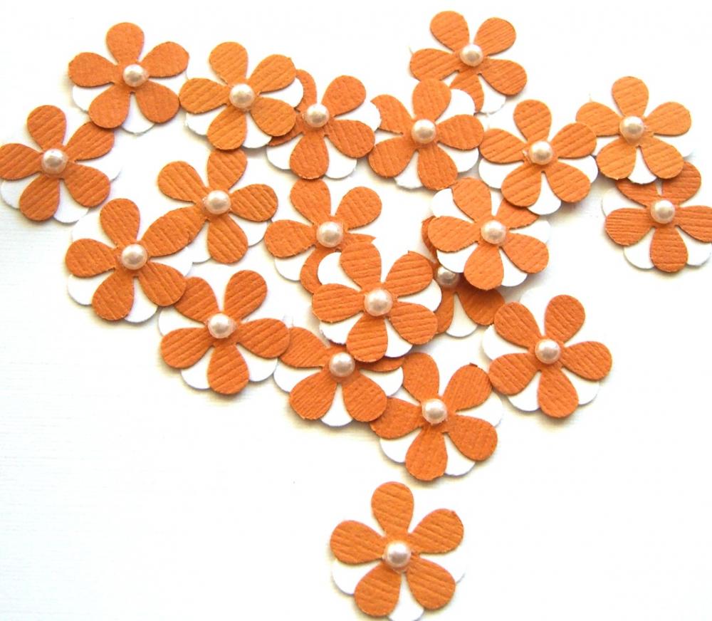 Teeny Tiny Tangerine And White Flowers - Set Of 20